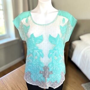 Blu Pepper Vintage Short Sleeve Aqua/Green & White HiLow Sheer Blouse Sz S Top
